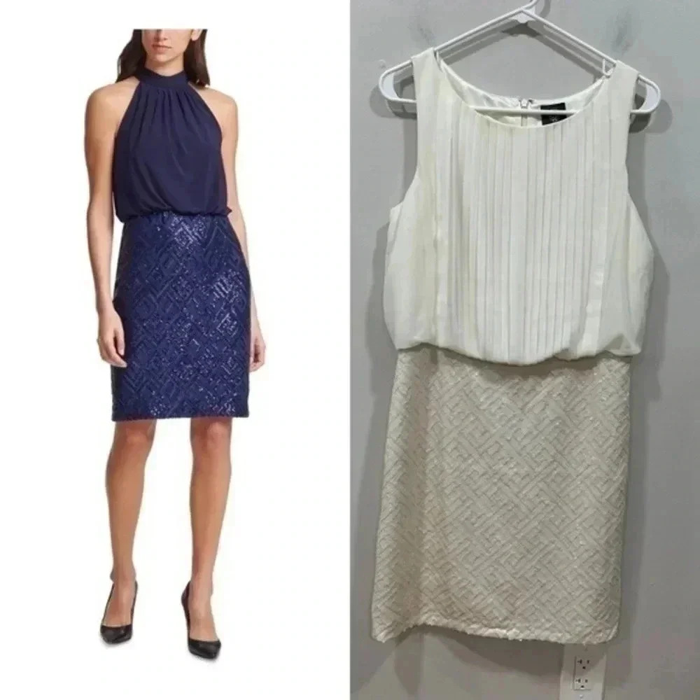 Vince Camuto Cream Sleeveless Cocktail
Dress Pleated Top and Sequin Skirt 8